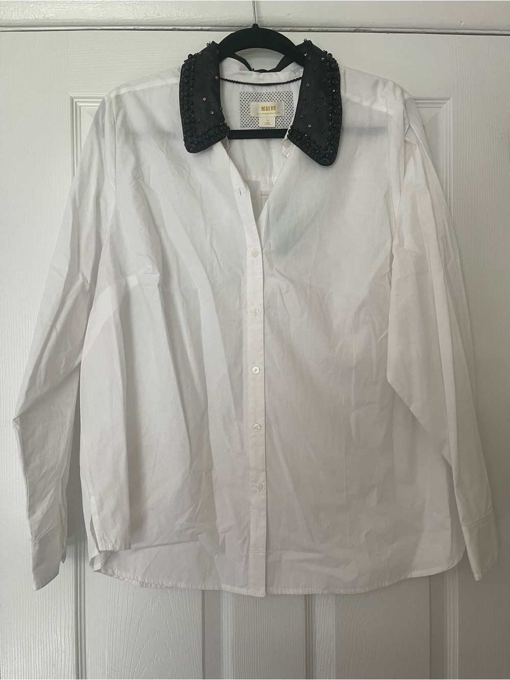 Maeve White Button-Down Shirt with Black Beaded Collar